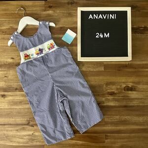 NWT Anavini Blue Gingham Check Smocked Construction Longall Sleeveless Pant 24M